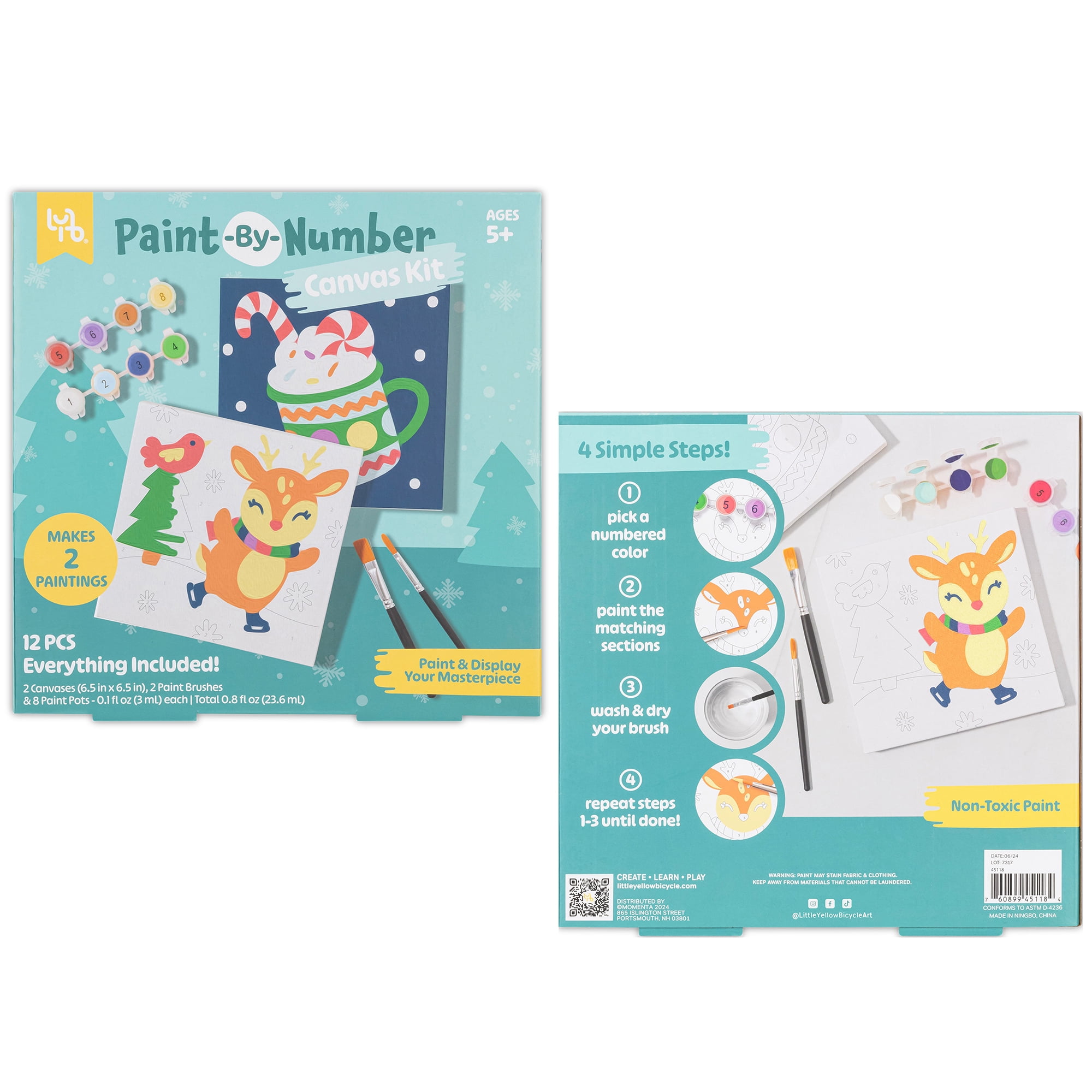 Little Yellow Bicycle: Reindeer Paint-By-Number Kit - Complete Art Set W/ 2 Canvases, 2 Brushes & 8 Paint Pots, Holiday-Themed, Kid & Adult Craft Kit