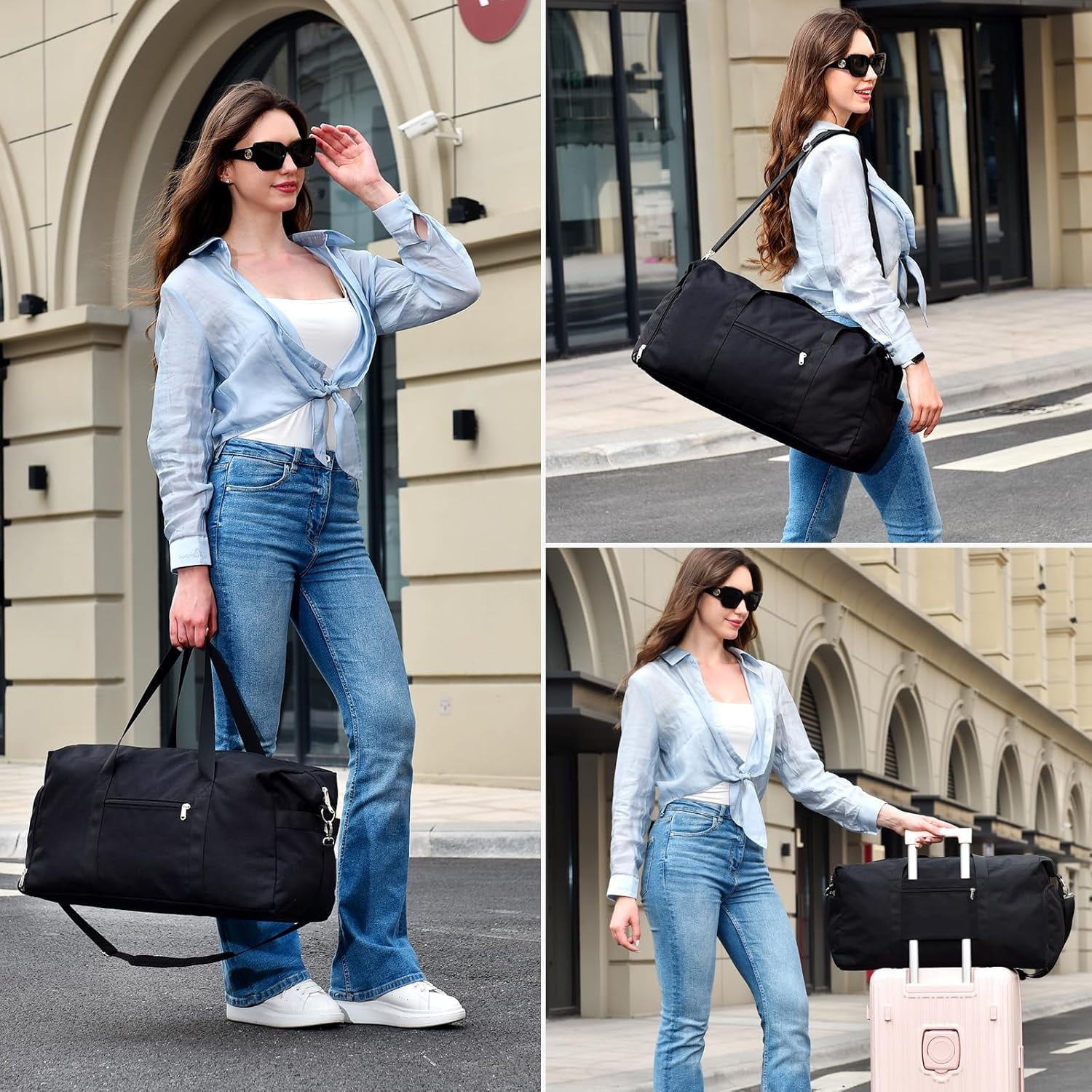 Carry  luaggage 22x14x9 Airlines Approved, Foldable Travel Duffel Bags Weekender Overnight Carry  Duffel Luggage Gym Duffle Bag with Wet Pocket & Shoe Compartment for Women Men(Black, 40L)
