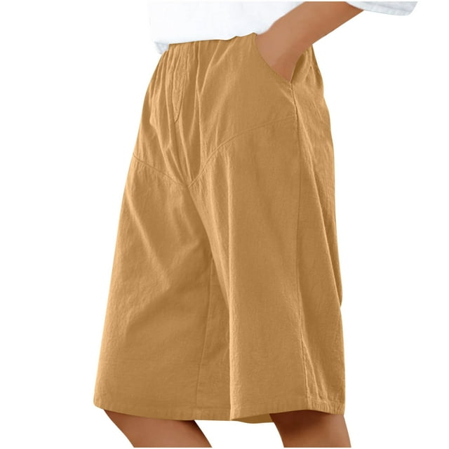 Summer Clearance! Womens Plus Size Pants,Summer Pants for Womens,Women Solid Color Elastic Waist Drawstring With Pocket Cotton And Linen Five Quarter Pants