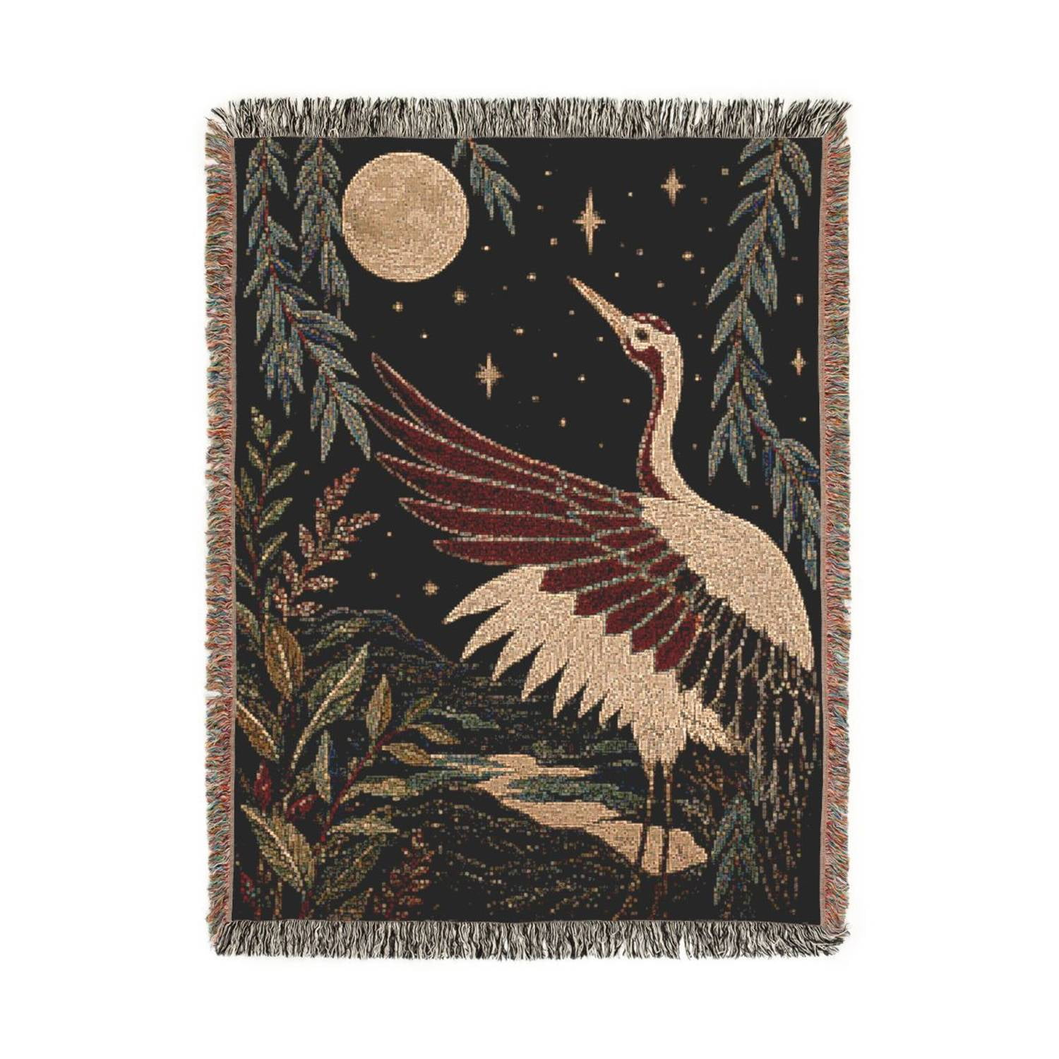 Japanese-Inspired Crane and Pine Red Cream and Black Woven Blanket 100% Cotton Traditional Living Room Decor