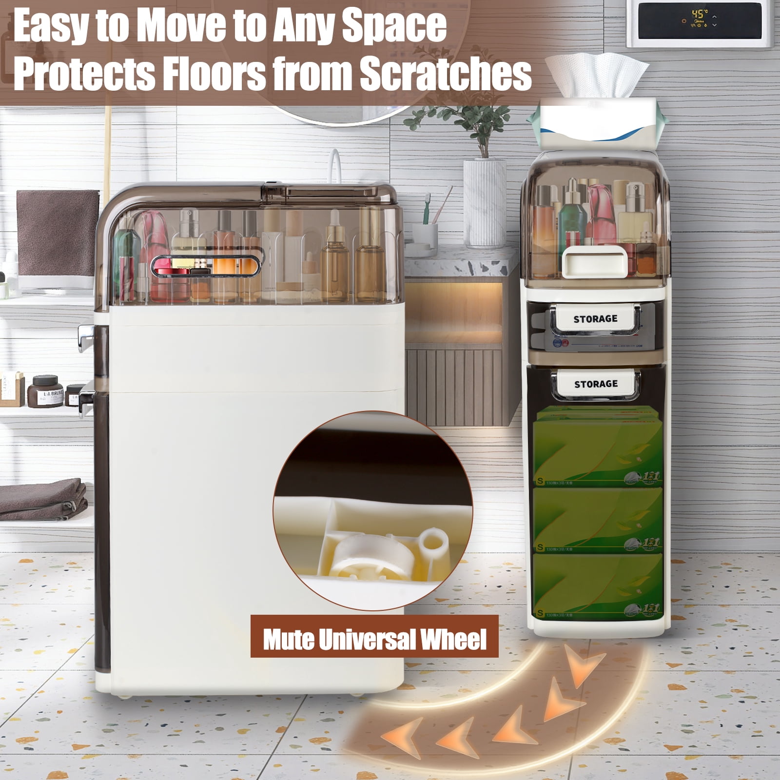 3 Tier Standing Storage Cabinet with Drawers and Removable Rollers, Slim Bathroom Storage Cabinet, Large Capacity Design, Narrow Toilet Paper Cabinet for Tight Spaces, White