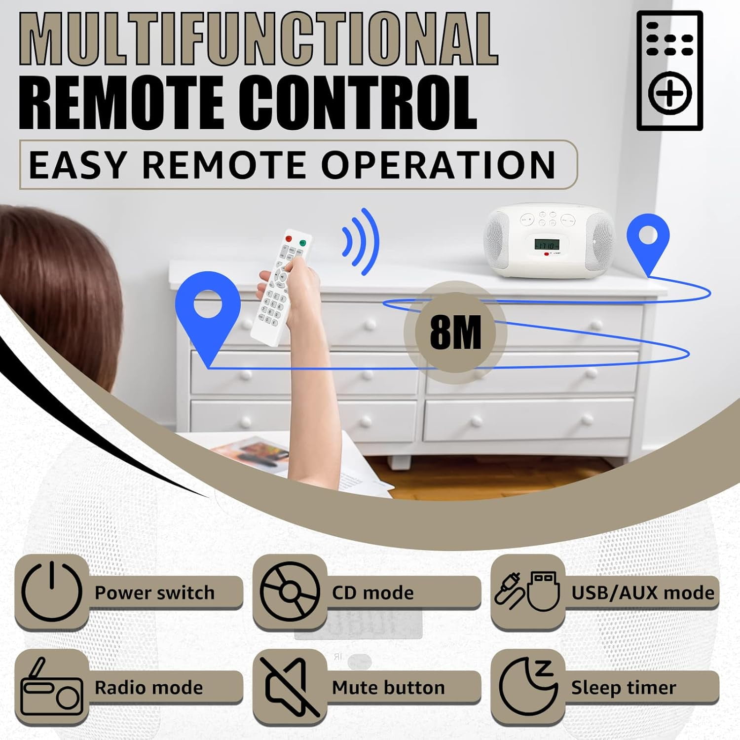 TR636 Boombox CD Player, CD Boombox AM FM Radio, Bluetooth, Remote Control, USB, AUX, LCD Display, AC