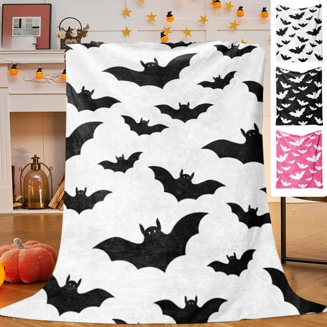 Fiudx Manta de Murciélago de Halloween, Franela Suave, Acogedora y Cálida, Ideal para Decorar El Hogar, Usar En El Sofá o La Cama, 70 X 100 Cm, Diseño En Blanco y Negro.