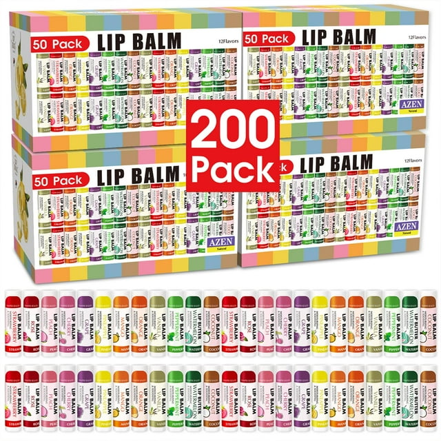 Bálsamo labial AZEN, paquete de 200 unidades, hidratante y natural, 12 sabores