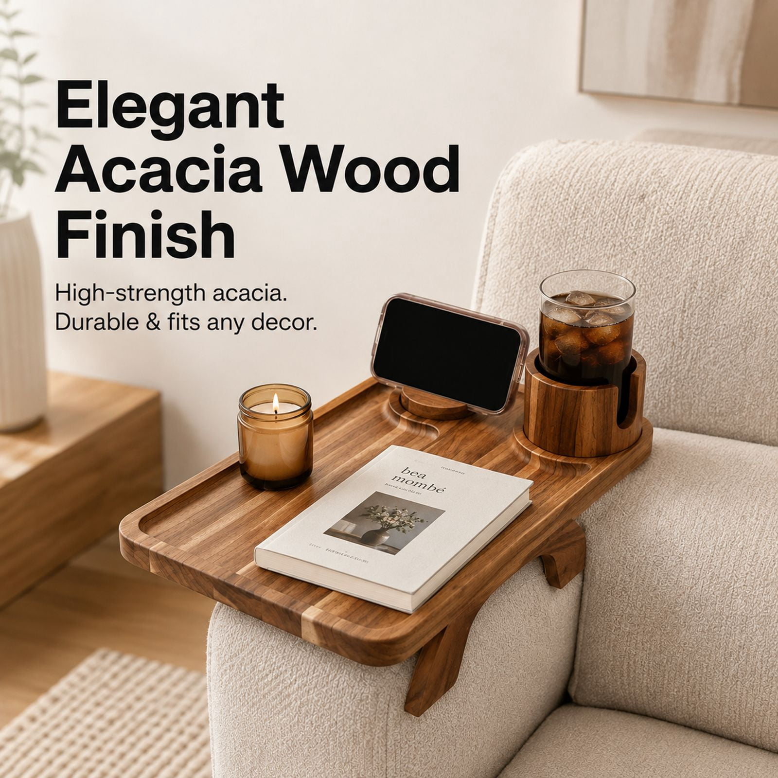 Alvantor Large Acacia Wood Sofa Arm Tray with 360° Rotation and Phone Holder