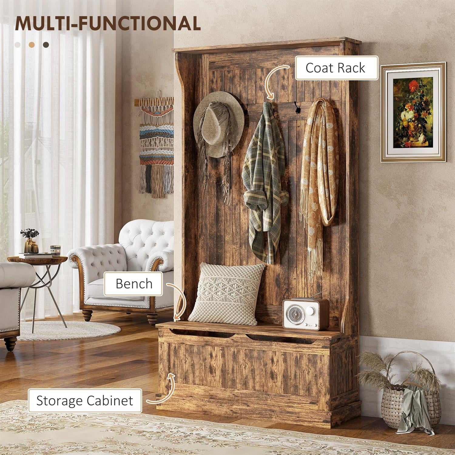 Demi Bonn 70" Hallway Bench with Coat Rack and Shoe Storage, 3-in-1 Entryway Organizer for Home, Storage Hooks and Hall Tree for Convenience, Brown