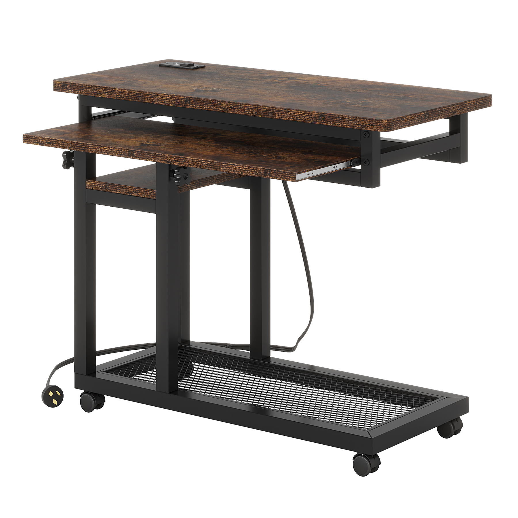 Fnova Small Portable Desk with Charging Station, Height Adjustable Mobile Desk with 4 Wheels, USB Ports & Power Outlet, Rolling Computer Cart, C Side Table for Sofa Couch Bedside, Brown