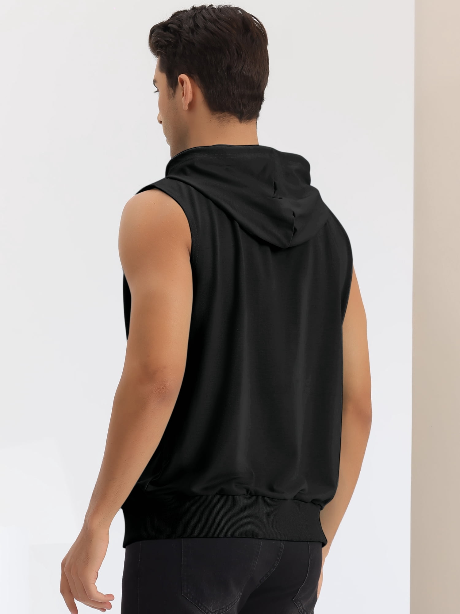 Unique Bargains Men's Sleeveless Hoodie Zipper Drawstring Hooded Sweatshirt Vest L Black