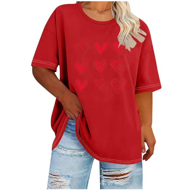 Nuoqisi Women's Heart Print Day Plus Size Round Neck Short Sleeve Spring/Summer Base Layer T-Shirt
