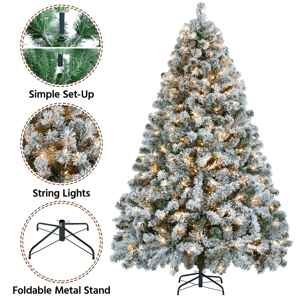 Alden Design 6Ft Pre-lit Flocked Artificial Christmas Tree with Foldable Stand, Green