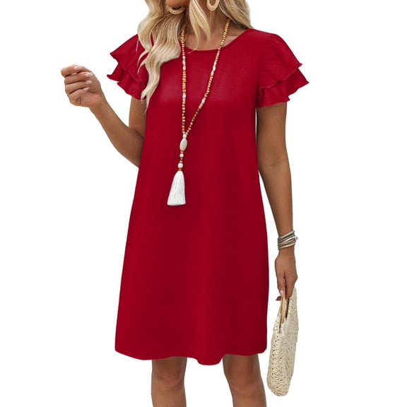 Women's Summer Dresses Ruffle Sleeve Round Neck Loose Swing Sundresses with Pockets Plain/Print Red S