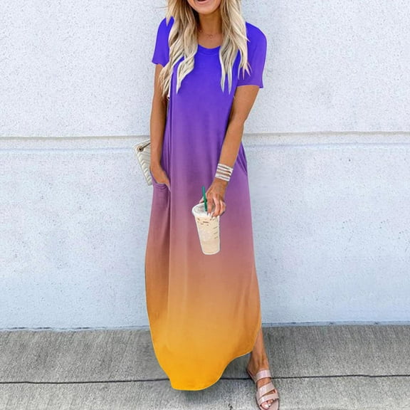Homenesgenics Dresses for Women Womens Dresses Summer Women's Dresses Summer Casual Rounk Neck Short Sleeve Pockets Printing Long Dress Purple L