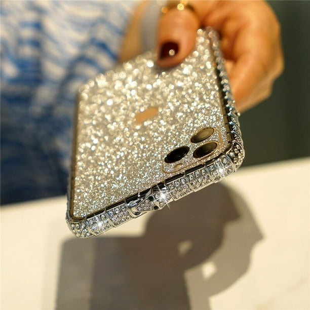 Funda de teléfono con cristal de diamantes de imitación, carcasa de Metal para iPhone 14 Plus, 12 Mini, 13, 11 Pro, XS Max, XR, X, con película trasera brillante Fivean unisex