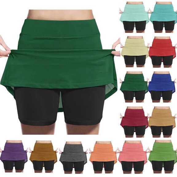 Girl Summer A-Line Skirts Zhongda Girls' Fashion Solid Color Patchwork Loose High Waist A-Line Fake Two Piece Sports Pants Skirt Half Body Skirt Green 2 Years