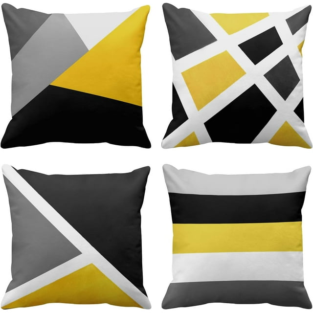 Set of 4 Throw Pillow Covers Modern Abstract Stripe Simple Geometric Acrylic Bold Decorative Pillow Cases Home Decor Square 18x18 Inches Pillowcases(Grey Yellow)