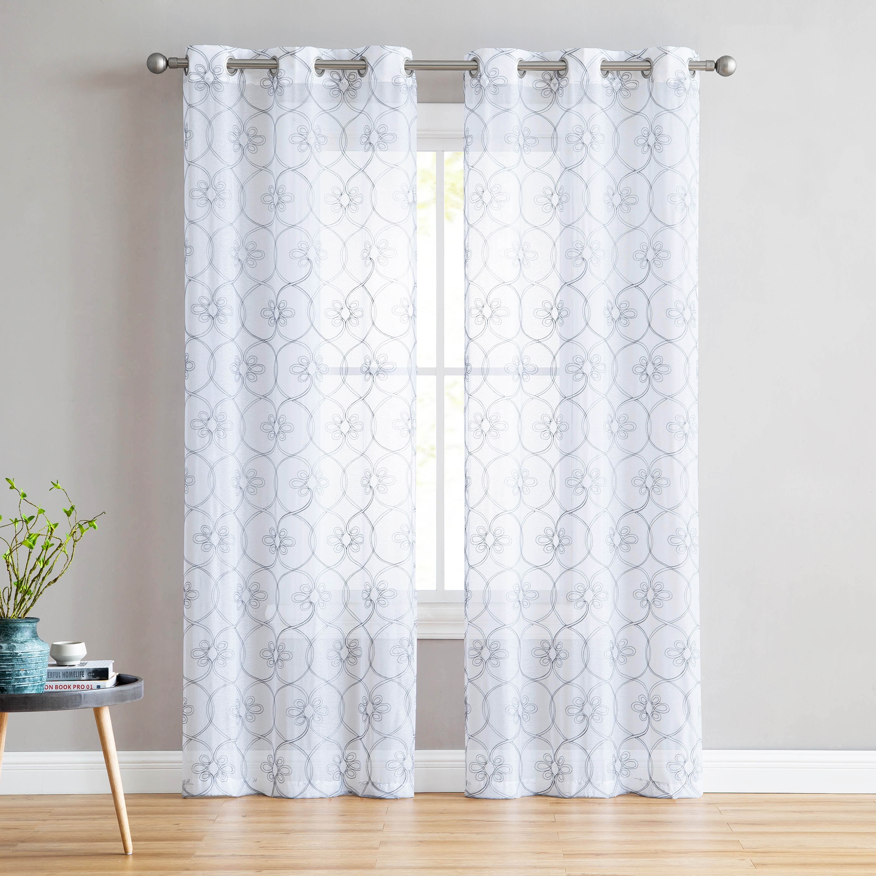 Set of Two 2 White Sheer  Window  Curtains  Gray 