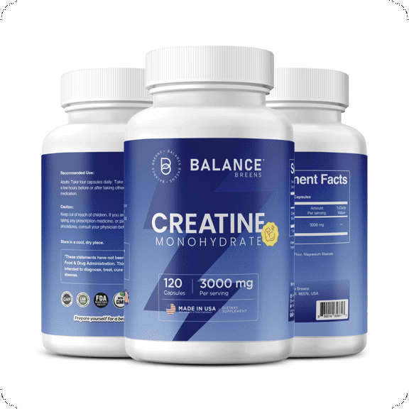 Balance Breens Creatine Monohydrate Capsules – Micronized Creatine 3000mg | Muscle Builder for Men & Women | Pre Workout with Creatine | 120 Capsules, Unflavored, Vegan Creatine Supplement