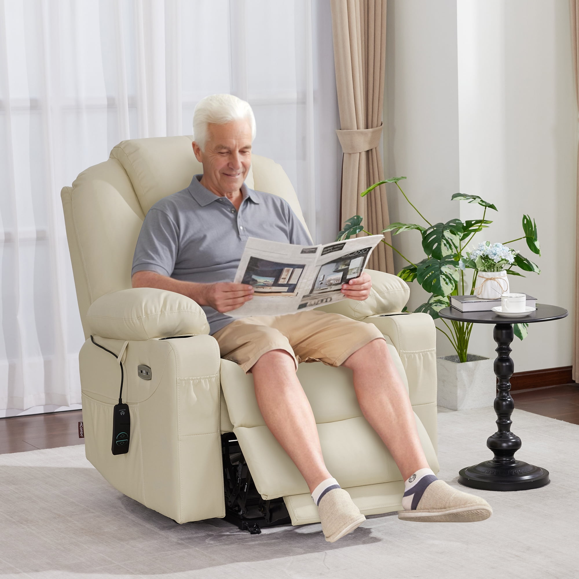 MCombo Electric Power Lift Recliner Chair with Vibration and Heat for Elderly, Faux Leather, Cream White
