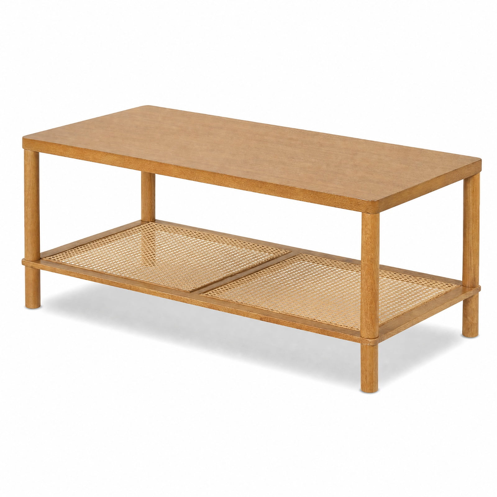 Furnibear 2 Tier Boho Rectangular Coffee Table with Rubber Wood Frame and Faux Rattan Open Storage Shelf for Living Room Home Office, Rustic Brown