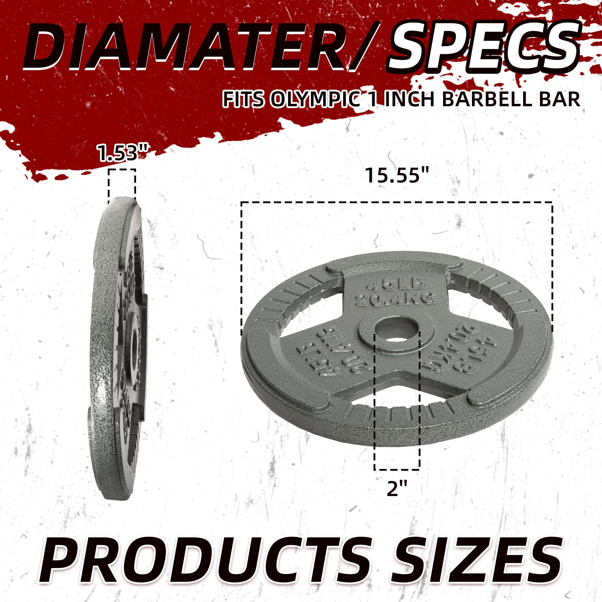 Signature Fitness Olympic Cast Iron Weight Plate, 45LB Single Plate, 2IN Center Hole, Tri-Grip Design, Light Gray with Gray Lettering