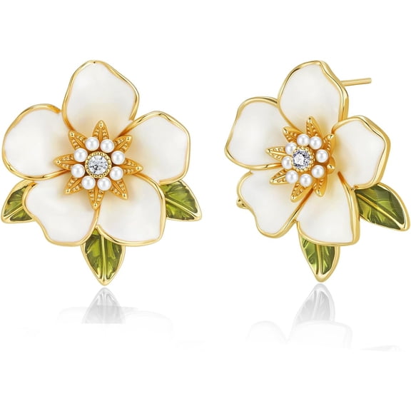 White Enamel Gold Dainty Chunky Enamel CZ Floral Green Leaf Statement Earrings for Women, Modern Bohemian Summer Beach Floral Handmade Drop Jewelry, Vintage Thick Nickle Free Gifts.