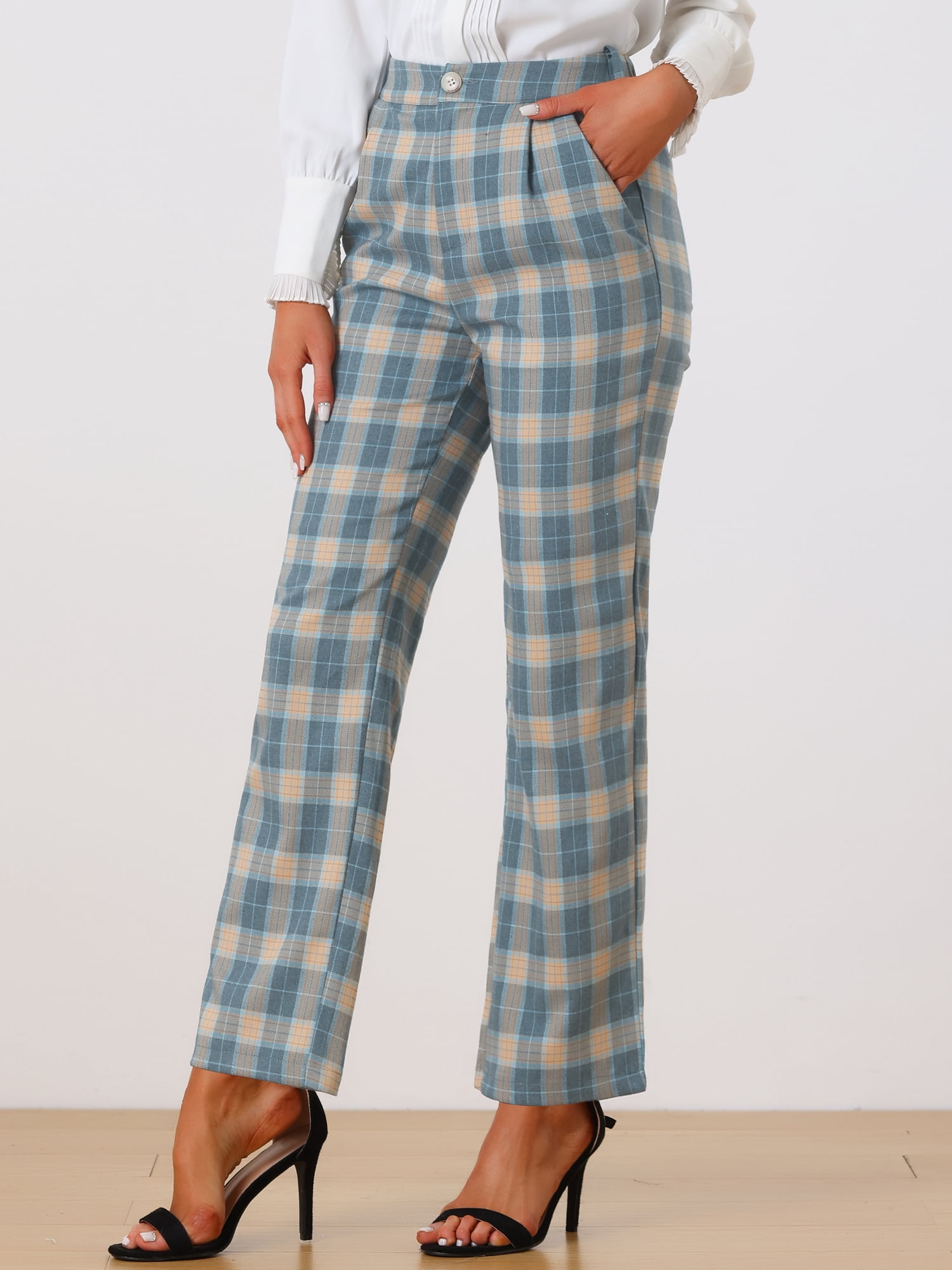 DARING DIVA Women's Plaid Trousers Pockets Straight Leg Casual Pant M Khaki Gray Blue