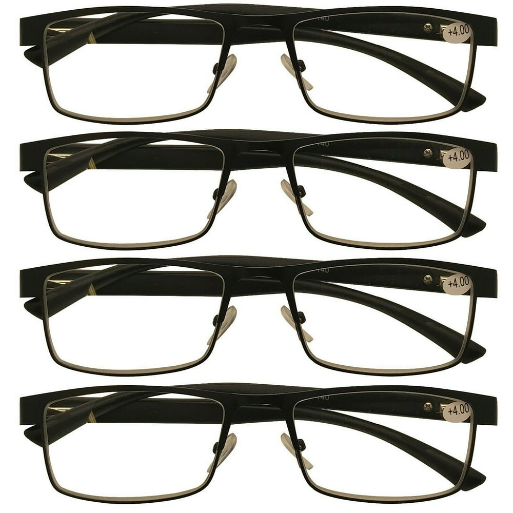 4 Packs Mens Rectangle Metal Frame Reading Glasses Black Spring Hinge