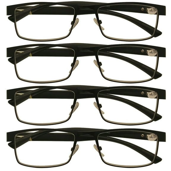 4 Packs Mens Rectangle Metal Frame Reading Glasses Black Spring Hinge Readers 1.00