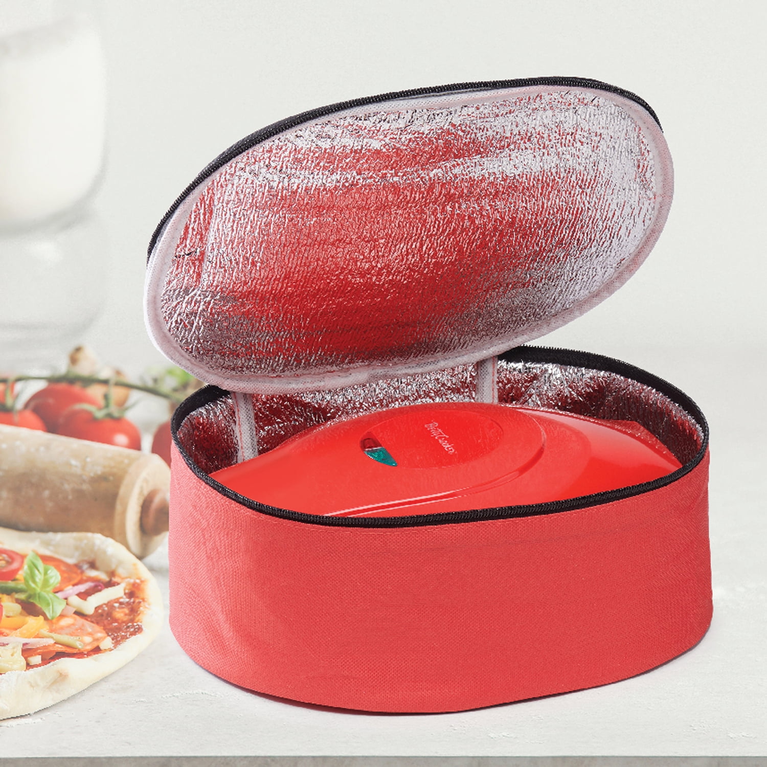 Betty Crocker 8-In. Indoor Electric Travel Nonstick Pizza Maker Plus with Insulated Travel Bag (Red)