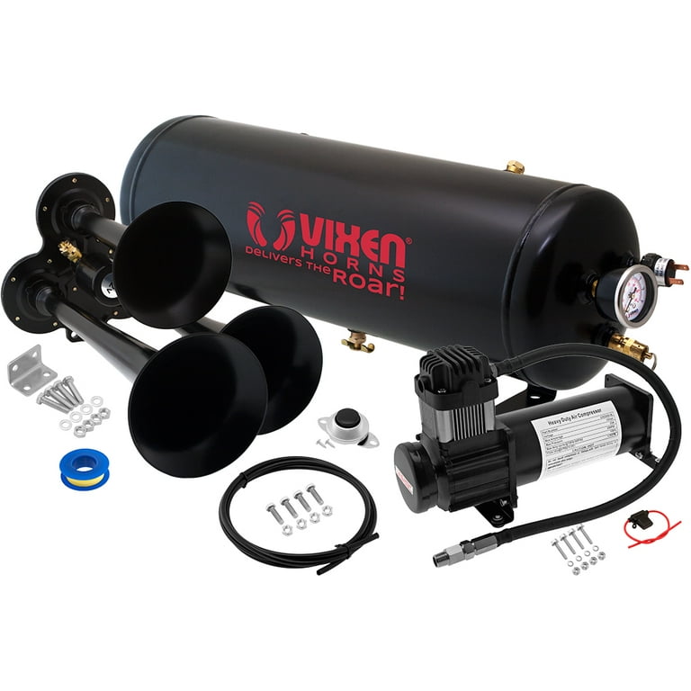 Vixen Horns Train Horn Kit for Trucks/Car/Semi. Complete Onboard System-  200psi Air Compressor, 2.5 Gallon Tank, 3 Trumpets. Super Loud dB. Fits  Vehicles like Pickup/Jeep/RV/SUV 12v VXO8325B/3114B 