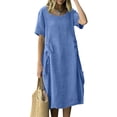 thumbnail image 5 of Women's Cotton Linen Crew Neck Midi Dress Short Sleeve Loose Casual Long Dress with Drawstring Waist Side Pockets Blue XL(XL), 5 of 6