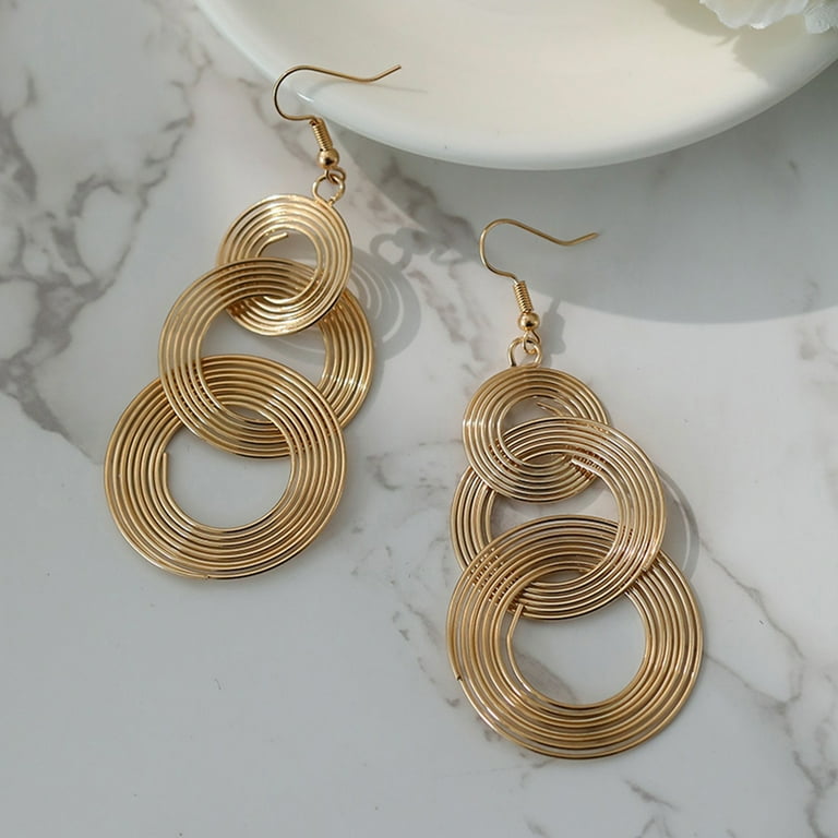 Gold Plated 3 Circles Statement Earrings – 70s Disco Drop Dangle Earrings, 4 Inch Long, Lightweight Hook Earrings For Women