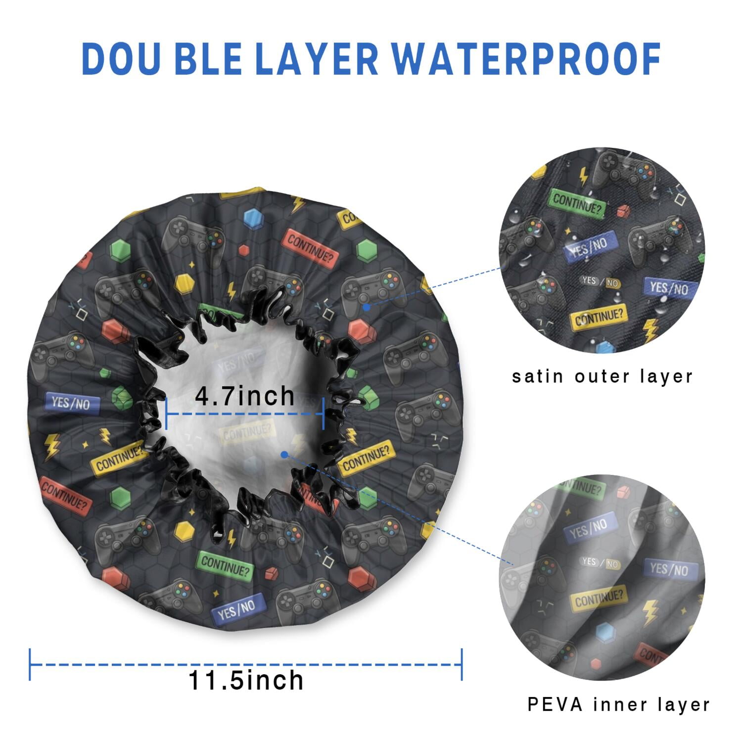 Shower Caps,Black Controllers Games Icons Black Pattern Waterproof Shower Cap for Women 4 Pieces,Double Reusable Hair Cover for Shower PEVA Elastic Stretch Hem
