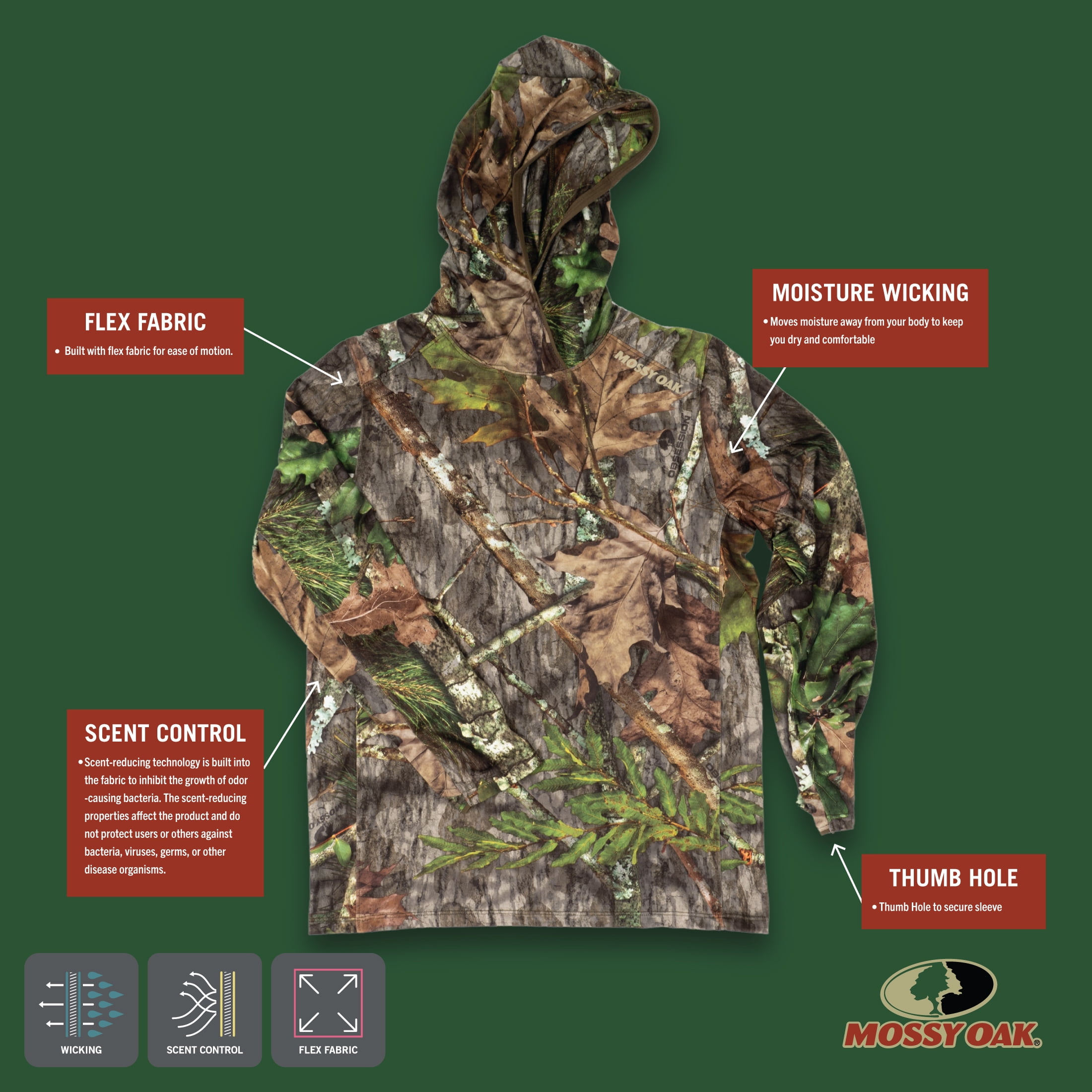 Mossy Oak Youth Long Sleeve Performance Hunting Hoodie, XS-XL