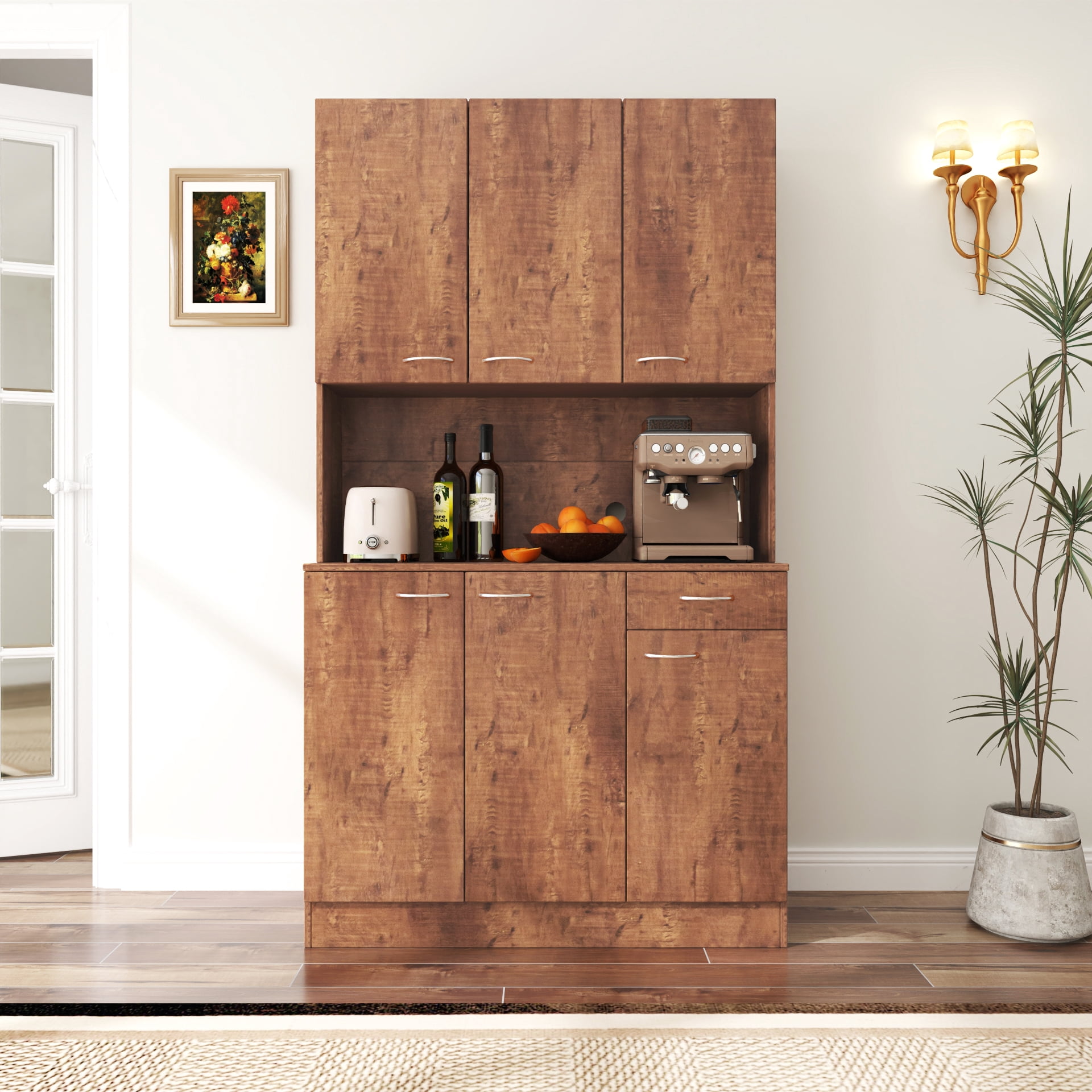 Mintazer 70.8" Tall Kitchen Pantry Cabinet with Open Shelf, Freestanding Food Storage Cabinet with Drawer & 6 Doors for Hallway Living Room Kitchen, Brown