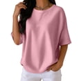 thumbnail image 4 of Elbow Length Tops Women Dressy Waffle Knit Crew Neck T Shirts Trendy Summer Loose Cute Blouses Half Sleeve Basic Tees Pink XL, 4 of 4