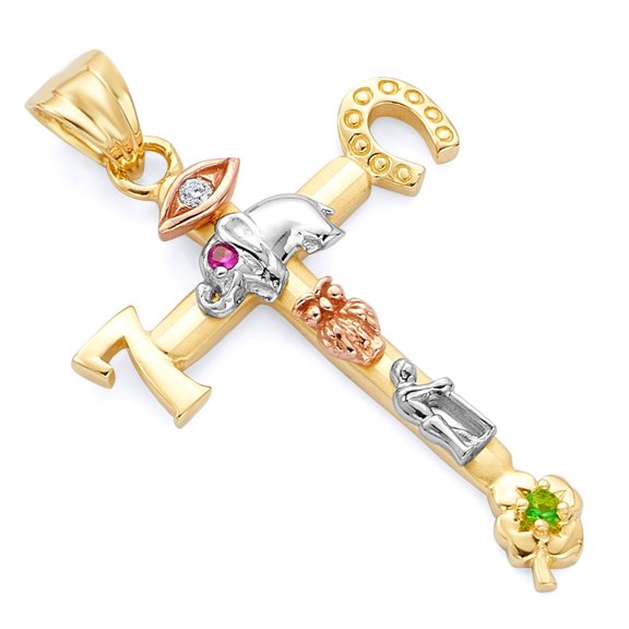Wellingsale 14K Tri 3 Color Gold Polished Lucky Religious Christian Cross Pendant with CZ Accents
