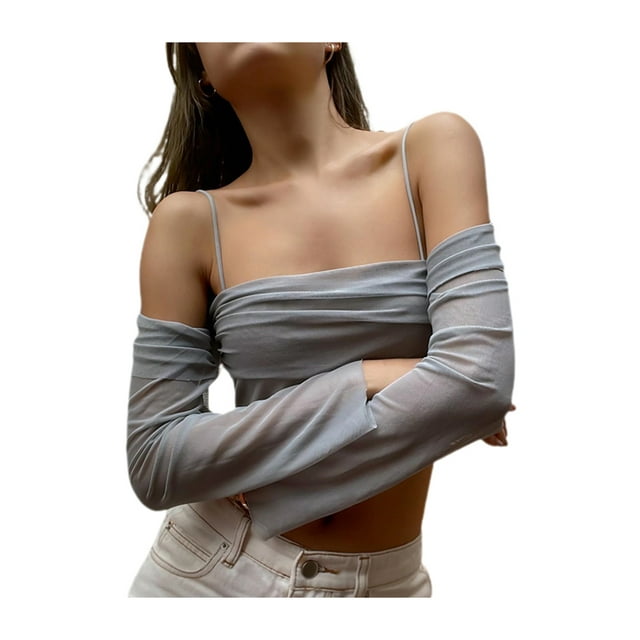 Txlixc Blusa de corte casual para mujeres, blusa de tirantes plisados de manga larga sólida y hombros abiertos Txlixc moda