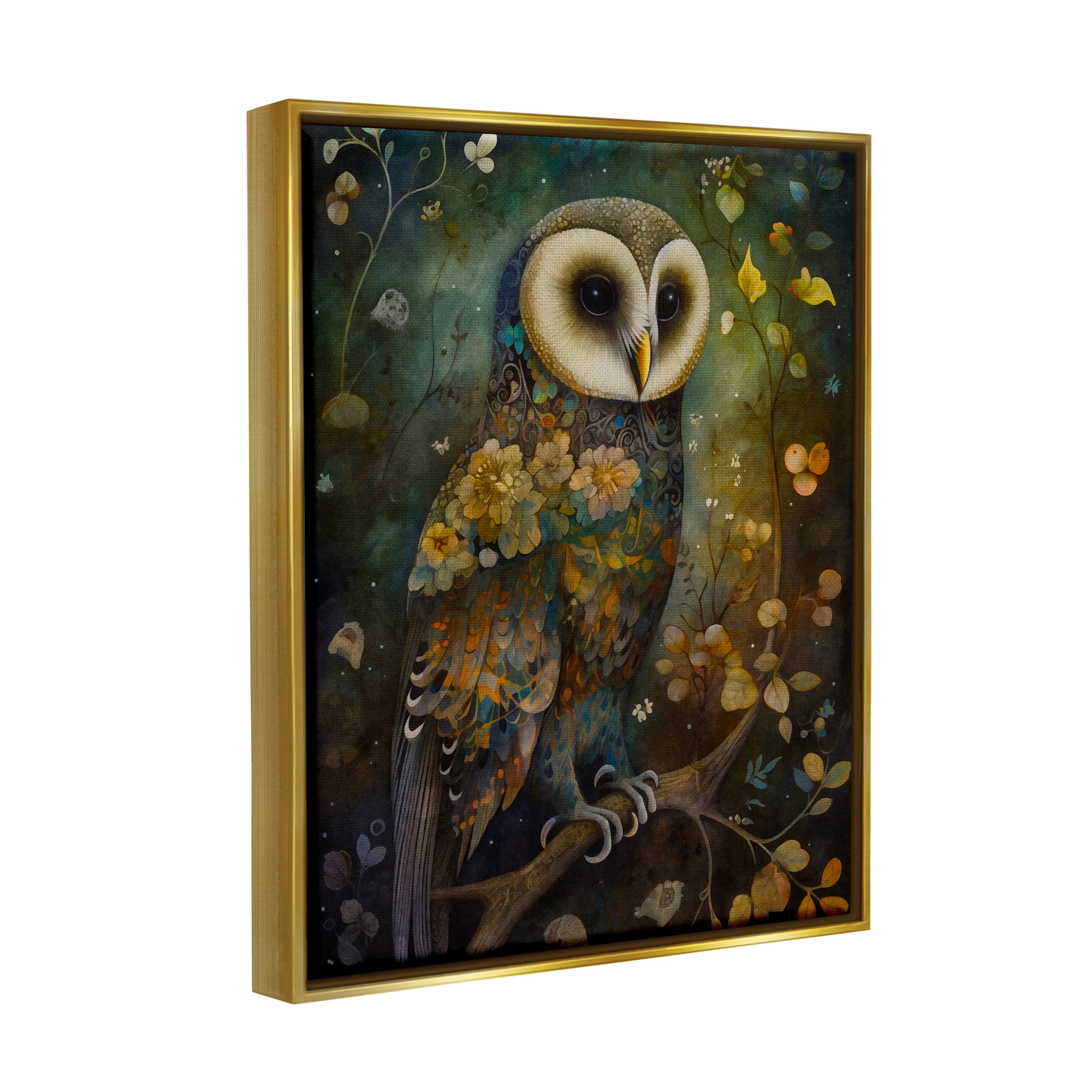 Stupell Industries Patterned Forest Owl Animals & Insects Painting Gold Floater Framed Art Print Wall Art, 17 x 21