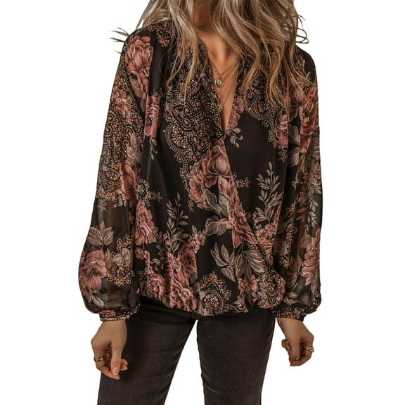 Women's Black Floral Print Criss Cross V Neck Balloon Sleeve Blouse - [ZhiHiMeRi] | (US 20-22)2XL
