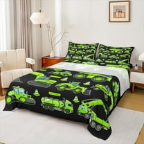 Homewish Car Theme 3pcs Twin Sheet Sets For Teens Boys Girls,Cartoon Green Truck Twin Fitted Sheet,Construction Vehicles Breathable Flat Sheet,Microfiber Bedroom Decor