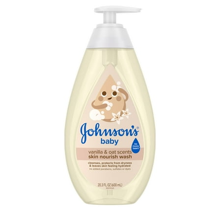 Johnson's Tear-Free Skin Nourish Moisture Baby Soap & Body Wash, Vanilla & Oat Shower Gel, 20.3 FL OZ