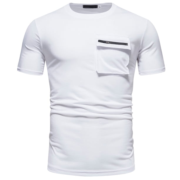 Camisas de Manga Corta de los Hombres de Verano de Color Sólido de Encaje Delgado Bolsillo de Manga Corta Camisas de Cuello Redondo
