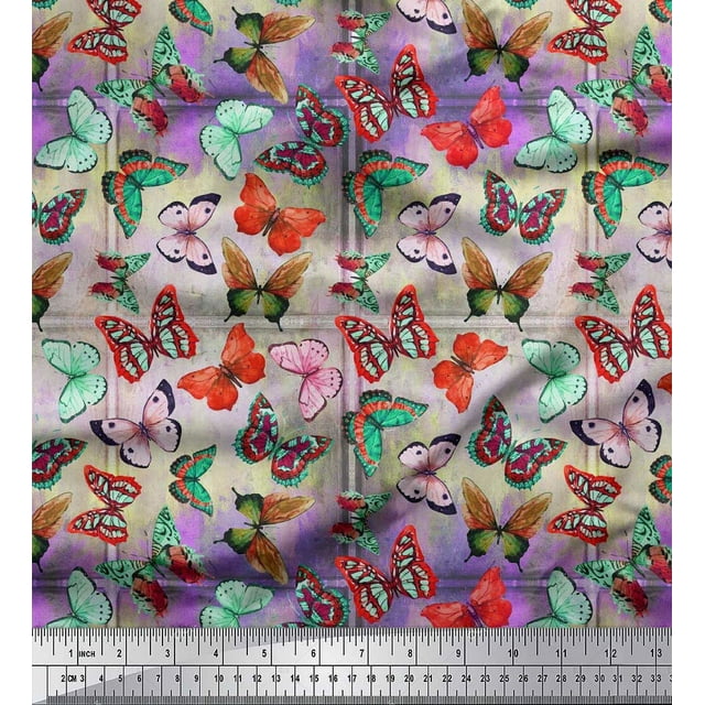 Soimoi Japan Crepe Satin Fabric Colorful Butterfly Print Fabric by Yard 42 Inch Wide