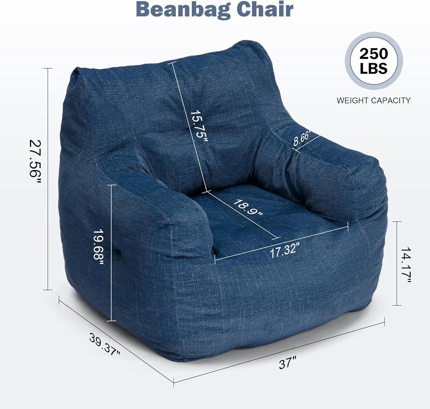 3FT Medium Bean Bag Chair with Filler, Comfy Soft Linen Accent Chair Lounger Sofa Giant Bean Bag Chairs for Adults, Teens, Kids - Gift Choice, Blue