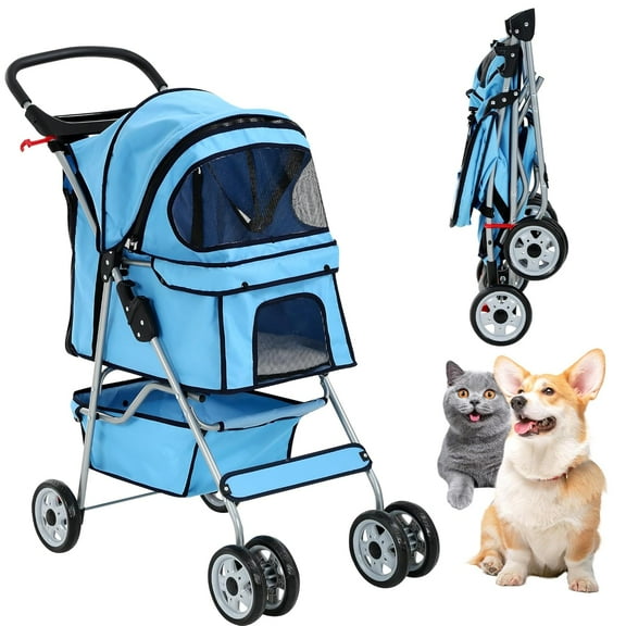 XF XINFENG Pet Stroller, 4 Wheel Portable Foldable Cat Dog Stroller Travel Carrier for Small Medium Dogs & Cats, 33 lbs Capacity Jogger Stroller with Cup Holder & Storage Basket, Blue