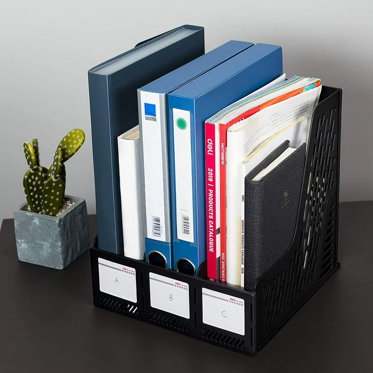 Deli Magazine File Book Holder Desktop Organizer , 4 Compartments, Plastic,  Gray