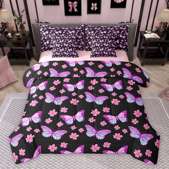 Homewish Cute Butterfly Kid Twin Bedding Sets 7-Piece, Blossoms Flower Floral Bedding Comforter Set, Black Purple Cartoon Theme Reversible Sheet Sets, Luxury Bedroom Decor