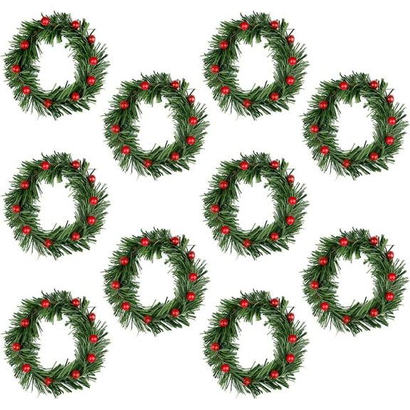 GoXteam 10 Pieces 5.5" Mini Christmas Wreaths for Kitchen Cabinet/Window/Front Door, Artificial Red Berries & Pinecones, Christmas Candle Rings, Table/Farmhouse Decoration