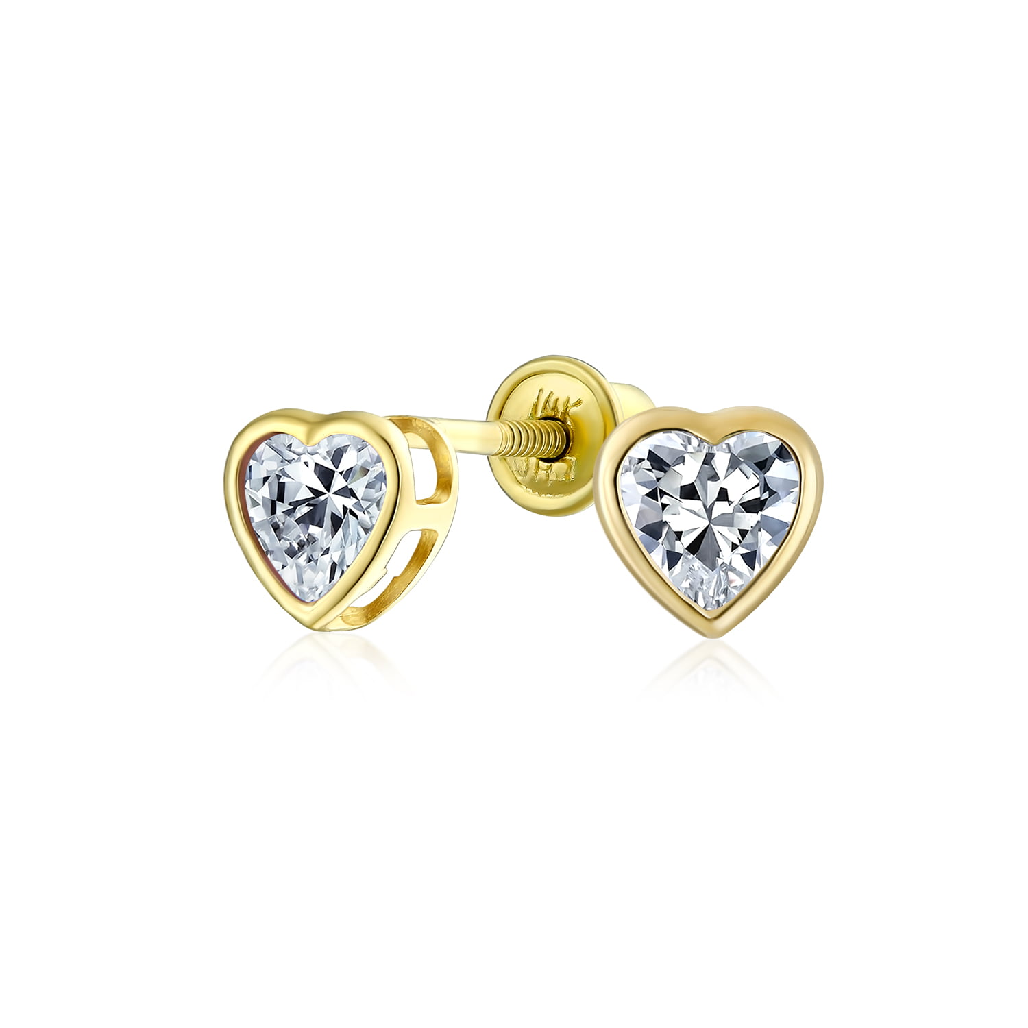 Delicate 14K Yellow Gold Heart with Round cubic zirconia Screwback Stud Earrings Girl Jewelry Gift